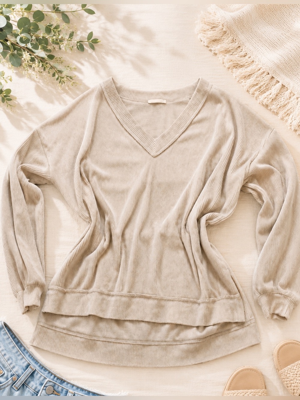 Altar’d State Beige Ribbed V-Neck Knit Top Large Soft Neutral Pullover
